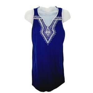 Oscar De La Renta Blue Sleeveless White Embordered Cotton Night Gown  Size Small